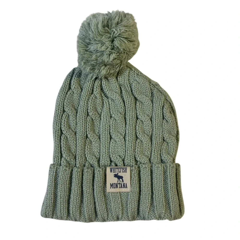 Legacy Whitefish Montana Sage Green Cable Knit Pom‎ Beanie Hat One Size